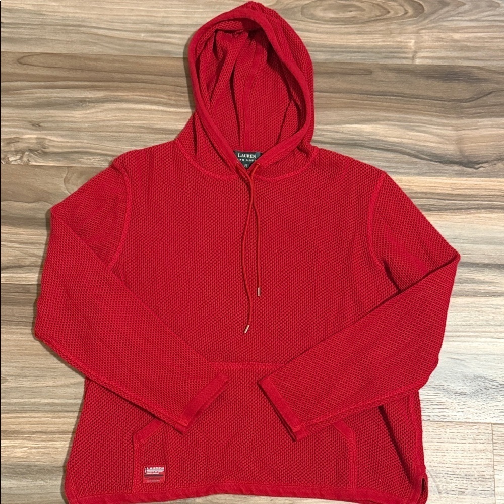 Lauren Ralph Lauren Hoodie Womens Medium Red Mesh Knit Drawstring Sweater